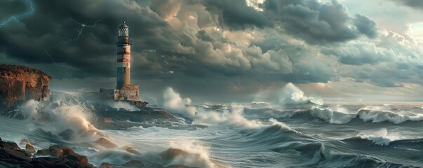 Majestic lighthouse perched on a rocky cliff overlooking a stormy sea, 4K hyperrealistic photo