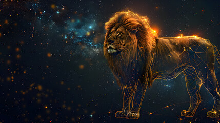Naklejka premium Zodiac Leo concept, digital artwork of a majestic lion intertwined with a constellation of stars in a cosmic space, with empty copy space.