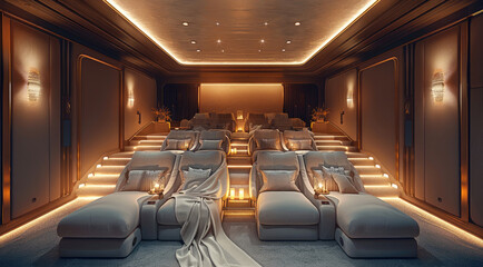 An opulent private movie screening room adorned with plush, luxurious seating and state-of-the-art technology, exuding exclusivity and comfort. Generative AI.