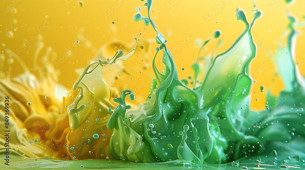 Poster tropical 3d ink splashes in vivid green and yellow forming abstract art. generative ai.