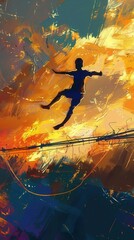 Naklejka premium Digital painting of a person leaping over obstacles towards a finish line, symbolizing overcoming challenges to achieve success