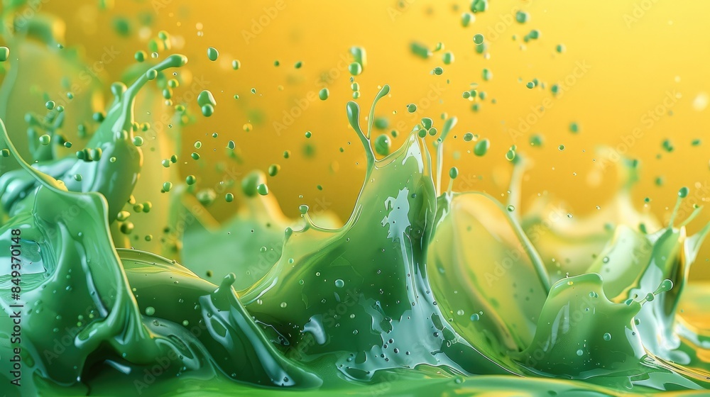 Poster Tropical 3D ink splashes in vivid green and yellow forming abstract art. Generative AI.