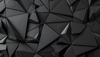 Black triangular tiles creating a 3D geometric abstract pattern, ideal for modern, sleek wall backgrounds or architecture designs with copy space.