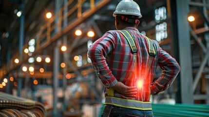 Construction worker experiencing back pain in an industrial warehouse, reflecting the physical challenges in labor-intensive occupations.
