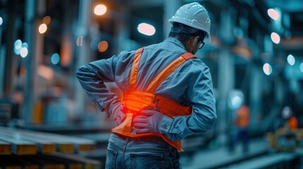 Factory worker with a safety helmet and vest experiencing back pain while working, symbolizing workplace safety and health concerns.