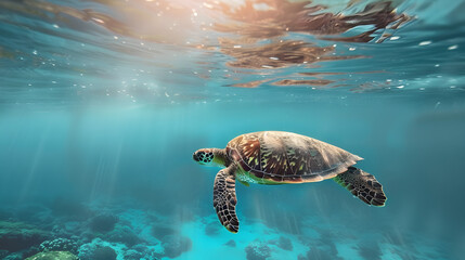 Turtle swimming in a clear ocean with sun rays penetrating the water, featuring tranquil marine life and copy space. Ideal for world turtle day and wildlife conservation themes.
