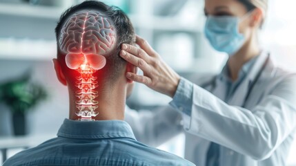 Doctor examining male patient's brain and spine, highlighting nervous system issues. Medical care, diagnosis, neurology concept.