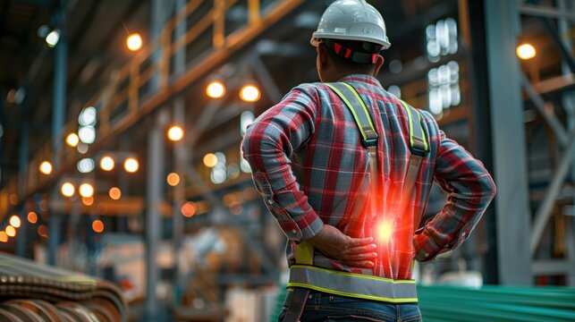 Construction worker experiencing back pain in an industrial warehouse, reflecting the physical challenges in labor-intensive occupations.