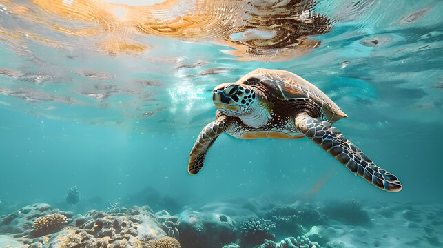 Turtle swimming in the ocean with clear turquoise water and vibrant coral reefs, suitable for marine conservation themes, travel, and world turtle day events; includes copy space.