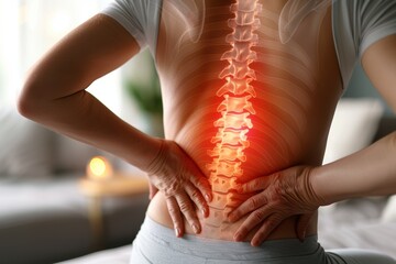 Person experiencing back pain, highlighting the spine. Concept of inflammation, pain relief, and spinal health.