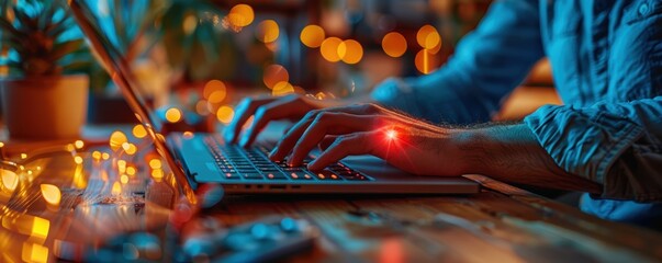 Fototapeta premium hand and wrist pain syndrome, long-term computer use. hand in pain with red highlight indicating discomfort.