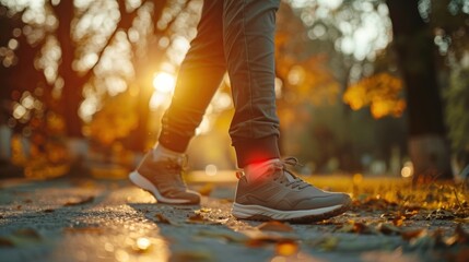 Person walking, likely suffering from a lateral ankle sprain with red highlight indicating discomfort or injury.