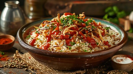 A beautifully arranged dish of Egyptian koshari with layers of lentils