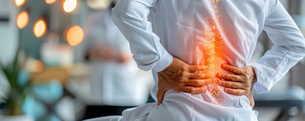 Person suffering from lower back pain. The image illustrates discomfort and need for medical attention or pain relief solutions.