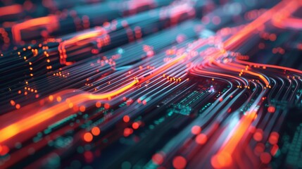 Futuristic Technology Concept with Glowing Fiber Optic Cables and Holographic Data in High-Tech Lab Setting