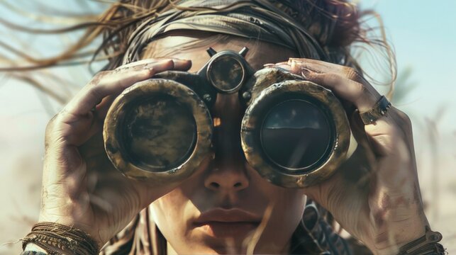 A young woman looking through binoculars in the desert.