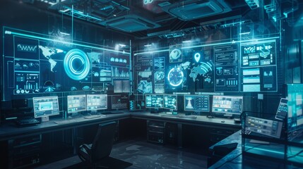 Obraz premium High-Tech Futuristic Workspace with Multiple Screens and Glowing Transparent Cables for Tech Enthusiasts