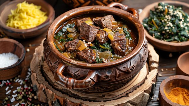 A beautifully arranged dish of Zimbabwean sadza with beef stew and greens, served in traditional clay pots, rustic kitchen background, natural daylight