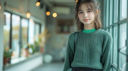 Fototapeta premium Full body photo of an Asian girl, smiling and looking at the camera, wearing a green knit sweater with a black tweed skirt, 