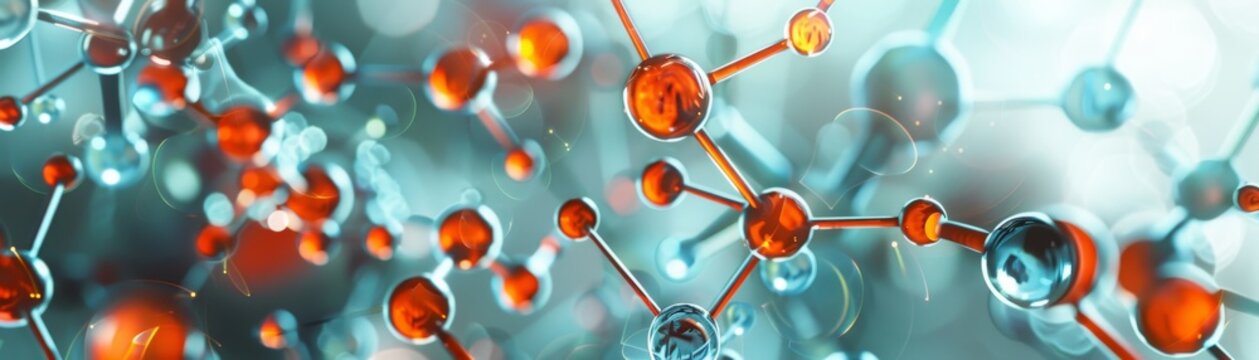 Close-up view of molecular structure with red and blue atoms connected, representing scientific research and chemistry innovation.