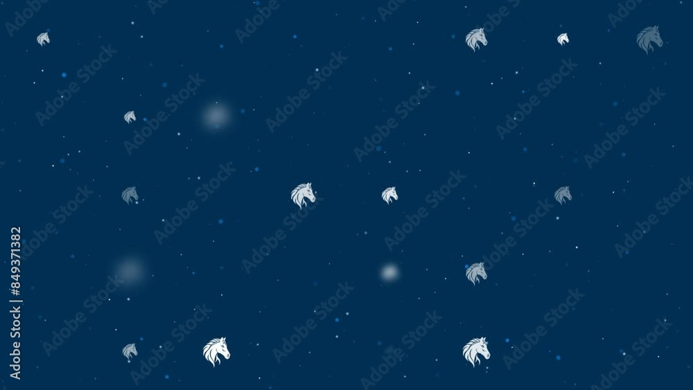 Poster template animation of evenly spaced horse's head symbols of different sizes and opacity. animation o