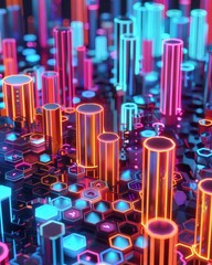 Obraz premium Graphic of Abstract representation of AIdriven data visualization, using neon colors and hitech hexagon patterns