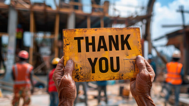 Hands of an elderly male worker hold a worn 'Thank You' sign at a construction site, with visible diverse workers in the background.