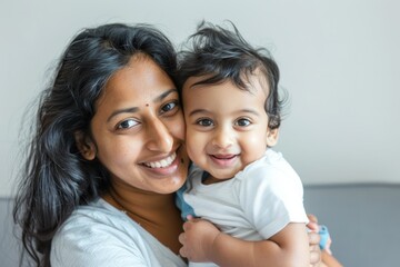 A blissfully smiling Indian mother cradles a baby boy in a white T-shirt, grey top and jeans at home. White background, white walls