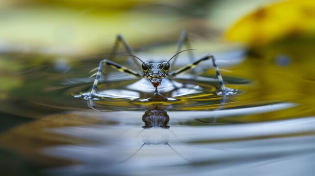 Amazing close-up photo of a water strider on the surface of a pond.