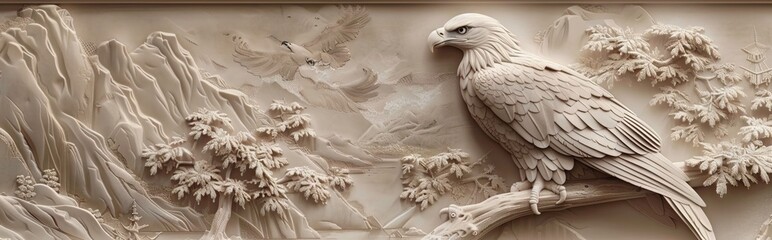 Beautiful eagle 3d relief wallpaper. Mural wallpaper. Wall art. AI generated illustration.