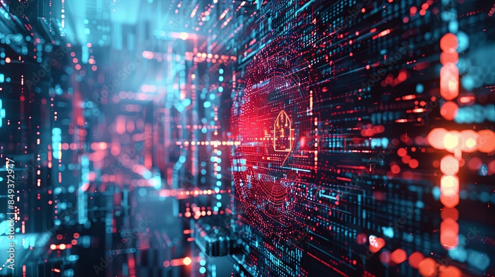 Aufkleber A digital rendering depicting a futuristic cybersecurity network with AI-powered locks, shields, and network nodes. Generative AI