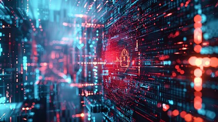 Fototapeta premium A digital rendering depicting a futuristic cybersecurity network with AI-powered locks, shields, and network nodes. Generative AI