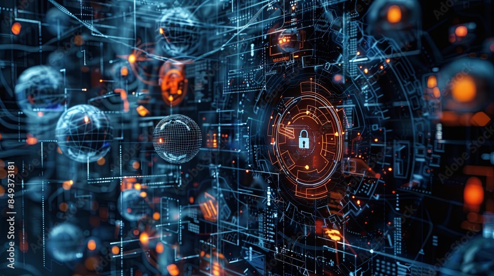 Aufkleber Digital abstract network with nodes protected by AI algorithms and enhanced security measures—symbolizing the power of modern cybersecurity. Generative AI