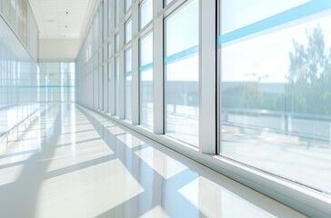 Wide angle Interior Photography of an Empty Hospital Room with Bright White Background and Blurry Windows. Panoramic View with High Saturation and Clear Details in a Medical Environment.