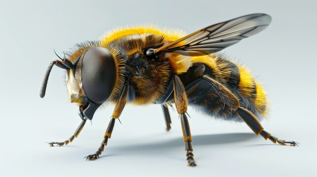 Bee on a white background, with its wings spread. The bee is mostly yellow and black, with some white markings on its face.