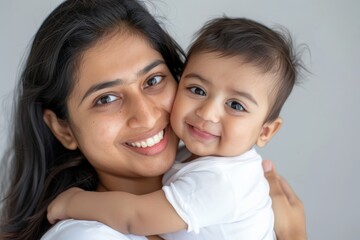 A blissfully smiling Indian mother cradles a baby boy in a white T-shirt, grey top and jeans at home. White background, white walls