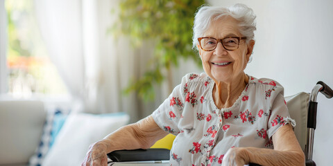 elderly woman in wheelchair at retirement home. senior care center