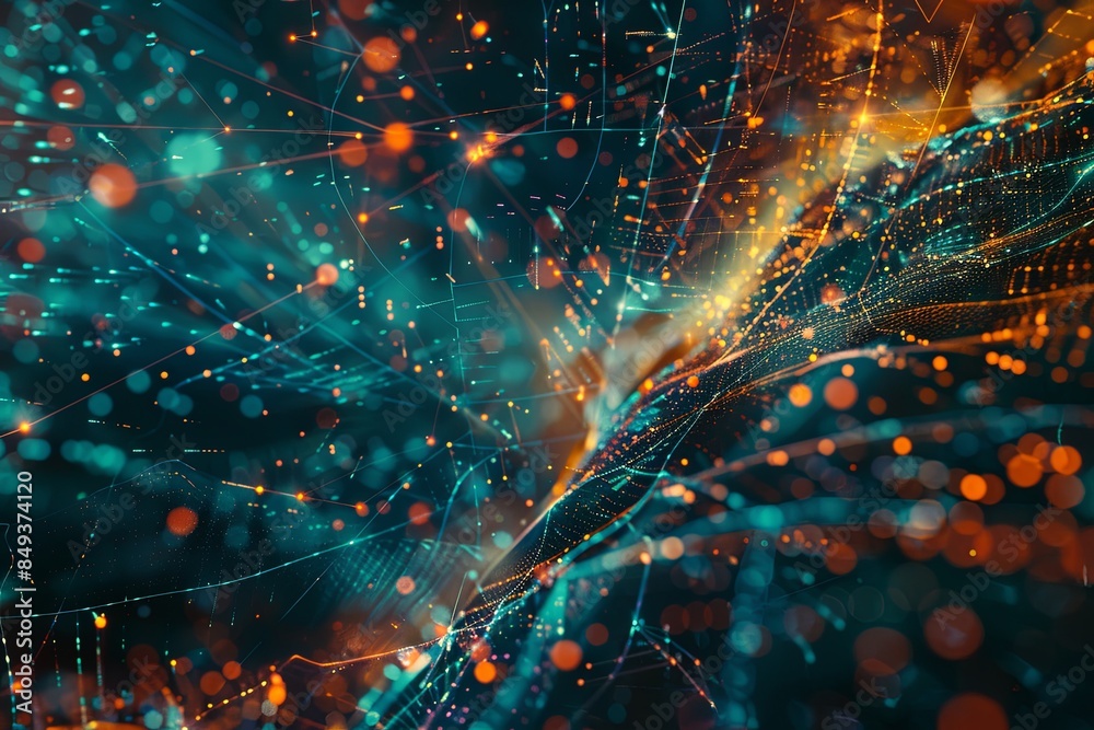 Poster an abstract visualization of big data processing in a digital interface, featuring intricate pattern