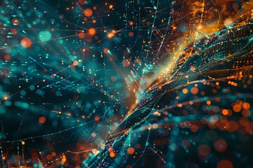 An abstract visualization of big data processing in a digital interface, featuring intricate patterns and glowing colors. Generative AI