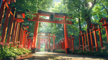 Torii Gates  Iconic red torii gates leading to Shinto shrines, with summer foliage