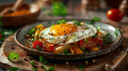 A beautifully styled Tunisian kafteji with fried vegetables, eggs, and spices, served on a rustic plate, warm indoor lighting