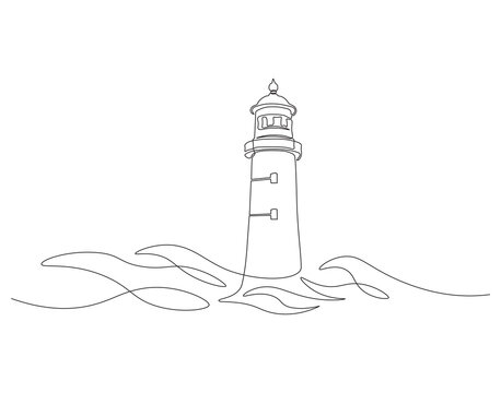 recommend clip art: Continuous one line drawing of lighthouse tower on the ocean. One line drawing illustration of lighthouse tower. Searchlight concept continuous line art. Editable outline.