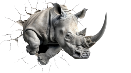 Rhino breaking through a wall on a transparent background
