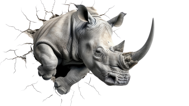 Rhino breaking through a wall on a transparent background