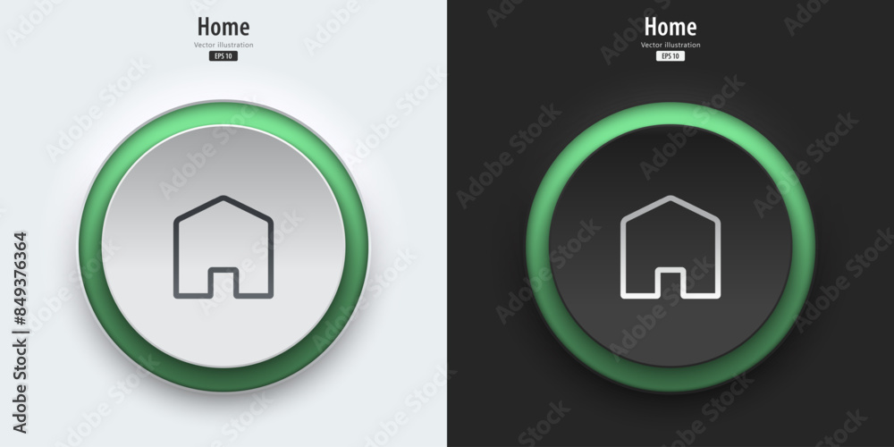 Fototapete home icon. a set of black and white buttons have green neon lights with a home symbol. icon in trend