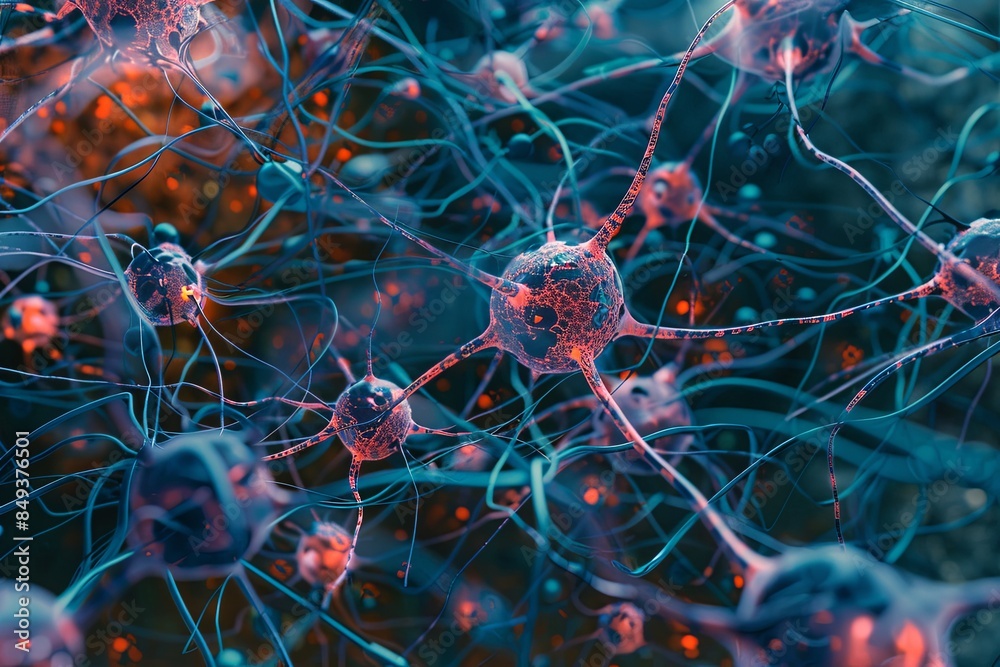 Poster A close-up digital illustration of a neural network, showcasing the interconnected nodes and pathways that represent data processing and learning in artificial intelligence. Generative AI