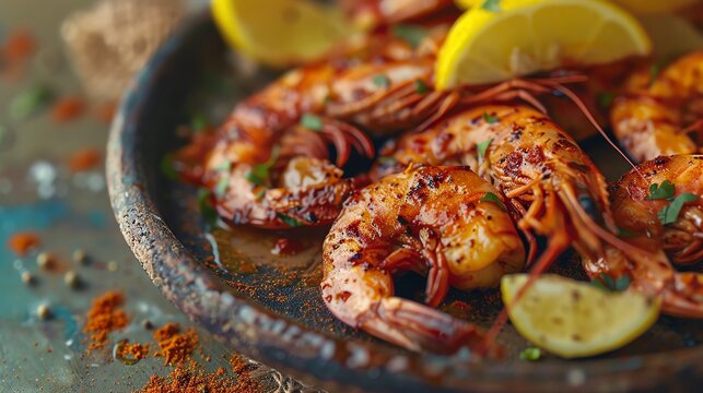 A closeup of Mozambican piri piri prawns with a spicy sauce, grilled to perfection, served with lemon wedges, on a rustic plate, warm afternoon light