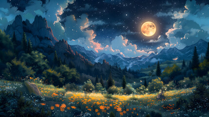 Moon night landscape with stars in a forest clearing, Children's Book Illustrations