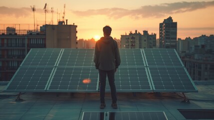 Solar panels installed on passive urban modern city house rooftop advertising campaign with a backview on person at sunset
