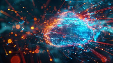 Obraz premium Digital visualization of cloud computing: a 3D cloud made of data points, surrounded by lines and dots symbolizing data processing and AI operations. Generative AI
